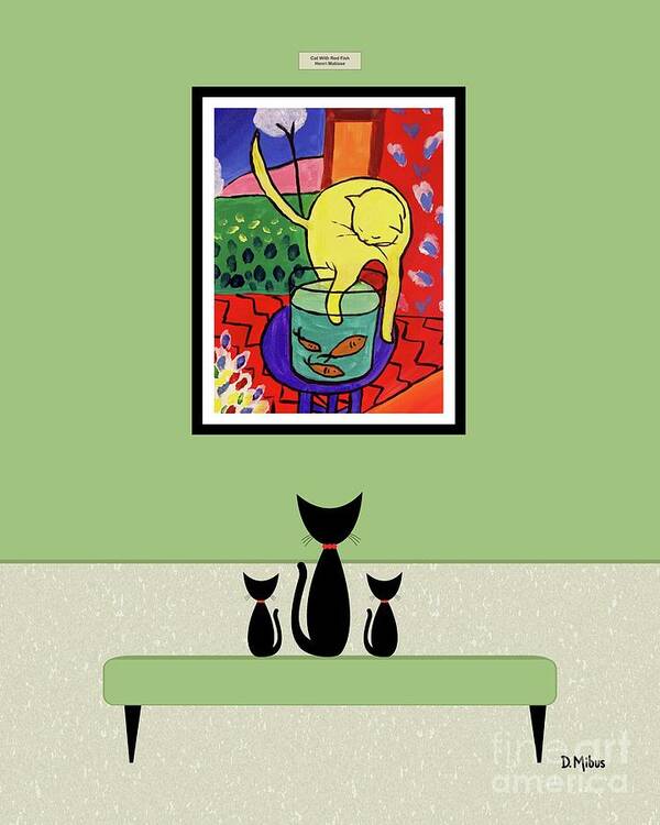 Mid Century Cat Art Print featuring the digital art Cats Admire Matisse Fish Painting by Donna Mibus