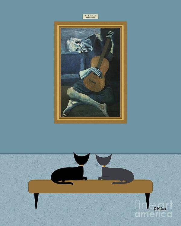 Black Cat Art Print featuring the digital art Cats Admire Picasso Old Guitarist by Donna Mibus