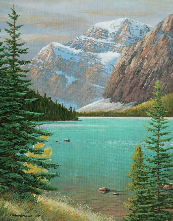 Landscape Art Print featuring the painting Cavell Lakeside by Jake Vandenbrink