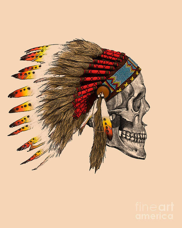 Indian Art Print featuring the digital art Chief headdress on human skull native american art by Madame Memento