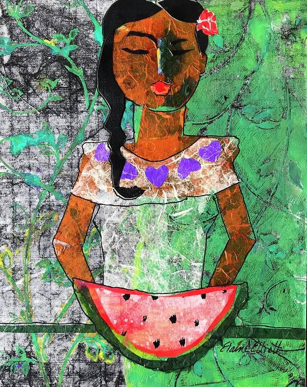Abstract Portrait Art Print featuring the painting Chiquita con Melon by Elaine Elliott