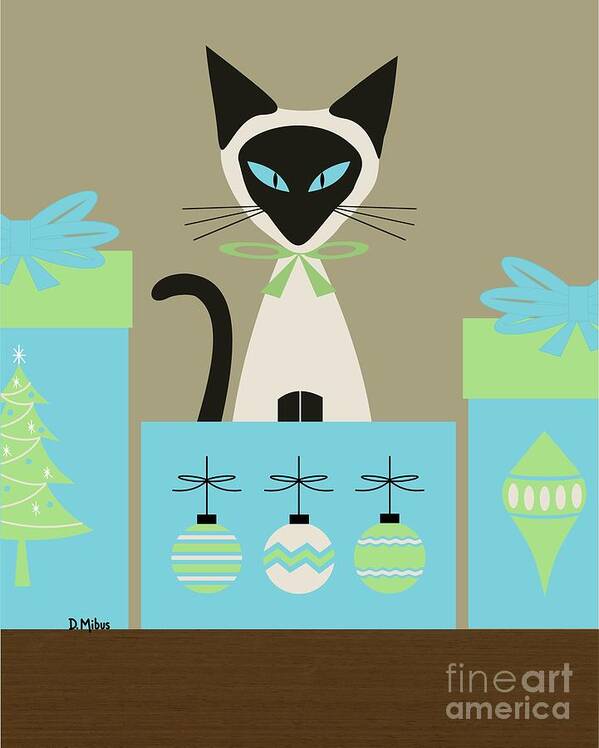 Mid Century Cat Art Print featuring the digital art Christmas Siamese in Box by Donna Mibus