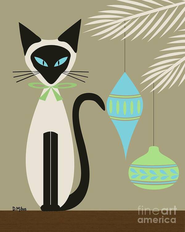 Mid Century Cat Art Print featuring the digital art Christmas Siamese with Ornaments by Donna Mibus