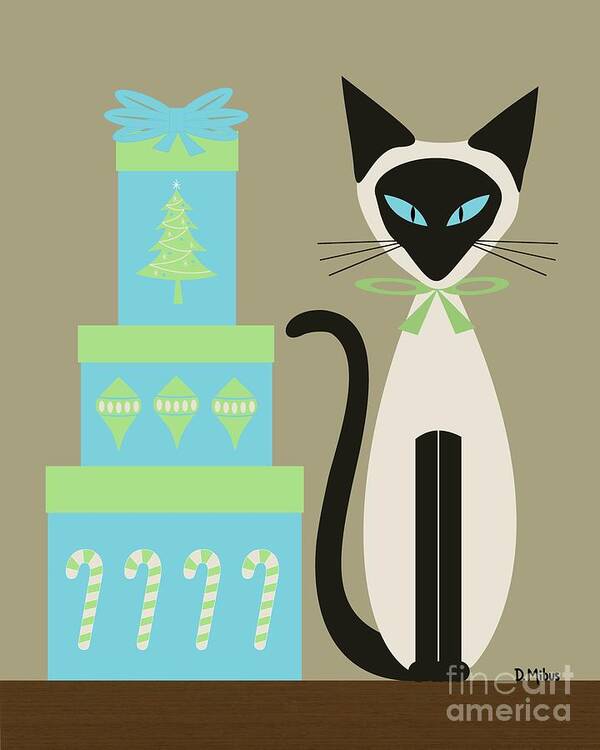 Mid Century Cat Art Print featuring the digital art Christmas Siamese with Presents by Donna Mibus
