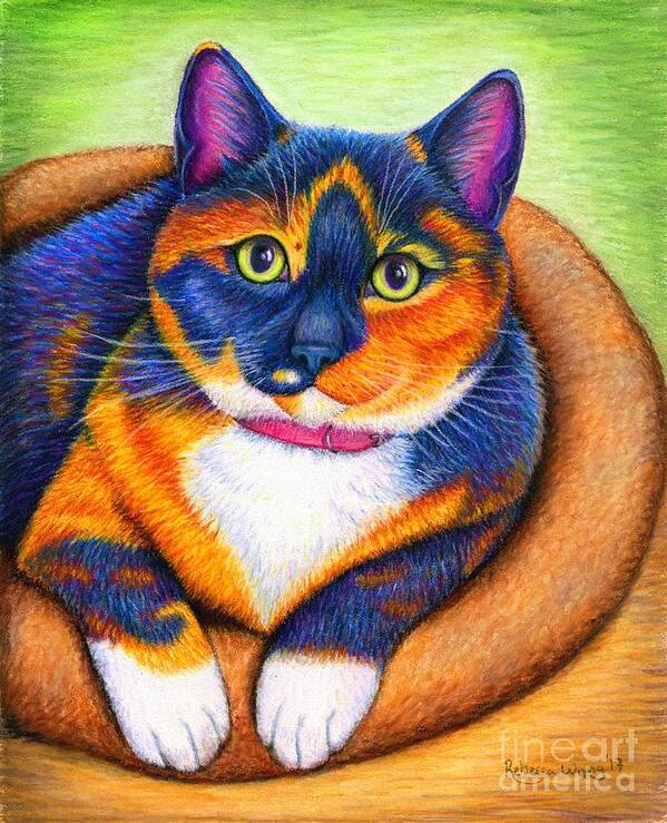 Cat Art Print featuring the drawing Colorful Calico Cat by Rebecca Wang