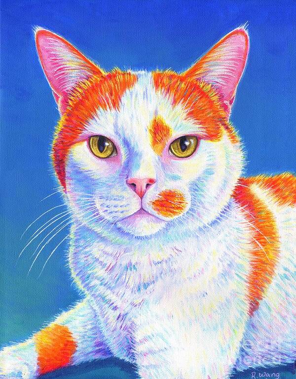 Cat Art Print featuring the painting Colorful Orange and White Cat - Hyler by Rebecca Wang