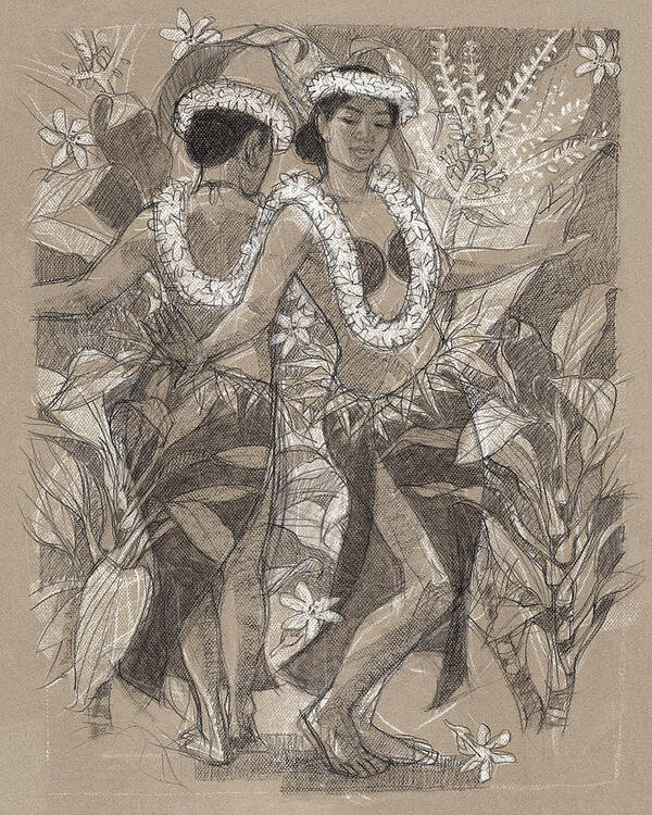 South Pacific Dancer Art Print featuring the drawing Cook Islands Action Song dancers by Judith Kunzle