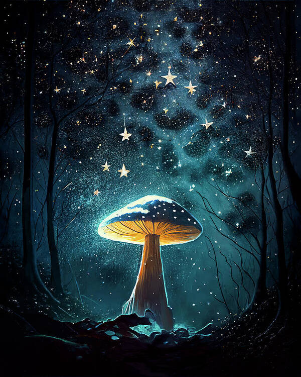 Mushrooms Art Print featuring the digital art Cosmic Mushroom Nights by Mark Tisdale