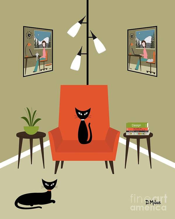 Mid Century Cat Art Print featuring the digital art Cozy Reading Corner 3 by Donna Mibus