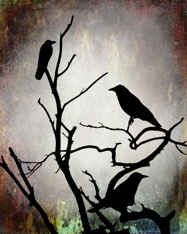 Bird Art Print featuring the digital art Crow Birds on Tree Bird 92 by Lucie Dumas