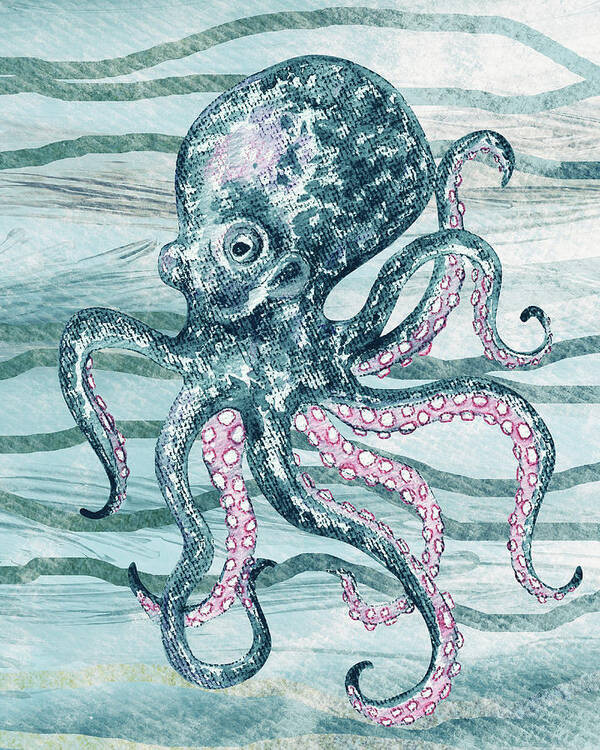 Octopus Art Print featuring the painting Cute Teal Blue Watercolor Octopus On Calm Wave Beach Art by Irina Sztukowski