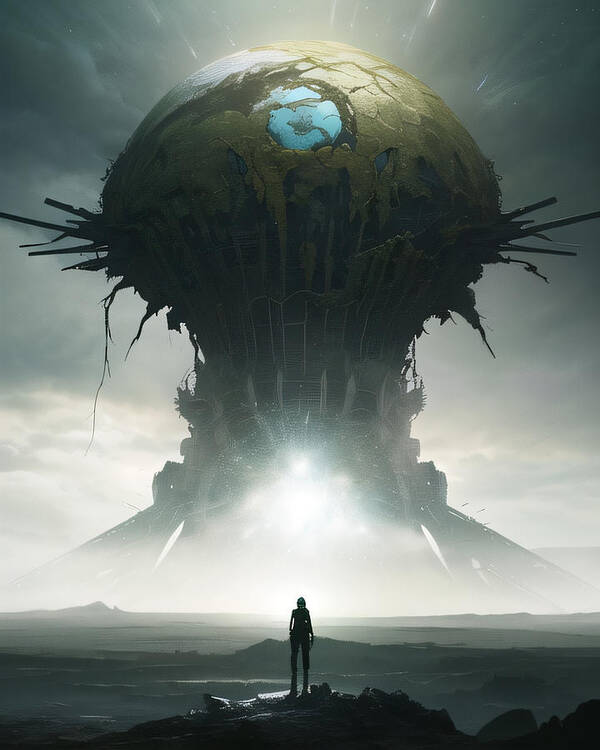 Tricky Woo Concept Art Unique Surreal Weird Adding Digital Sci-fi Fantasy Robot Atmospheric Disturbing Alien Atmospheric Disturbing Twisted Depth Of Field Ruined Buildings War-torn Battlefield Alien Planet Highly Detailed Cypher Art Print featuring the digital art Cypher by Tricky Woo