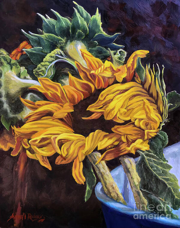 Original Oil Painting Art Print featuring the painting Dancing Sunflowers by Sherrell Rodgers