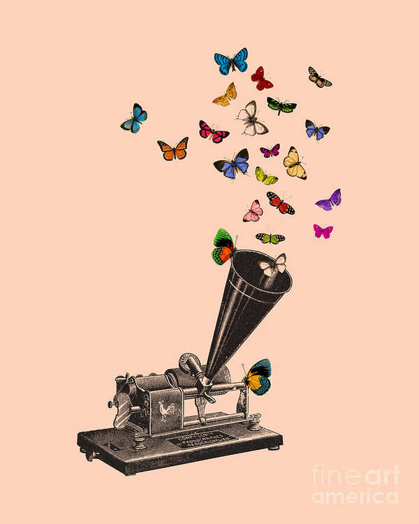 Phonograph Art Print featuring the digital art Decorative Butterfly Phonograph by Madame Memento