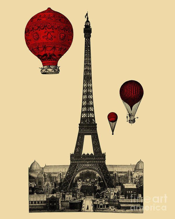 Eiffel Art Print featuring the digital art Eiffel Tower With Red Hot Air Balloons by Madame Memento