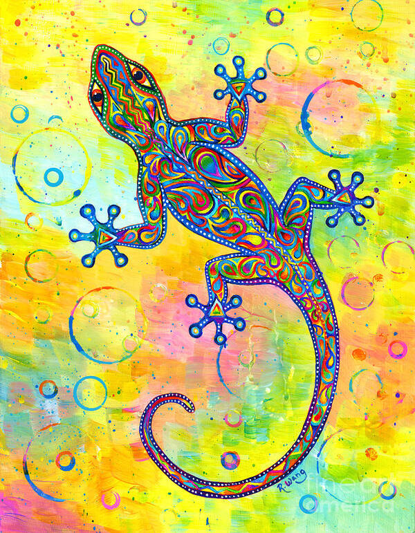 Gecko Art Print featuring the painting Electric Gecko by Rebecca Wang