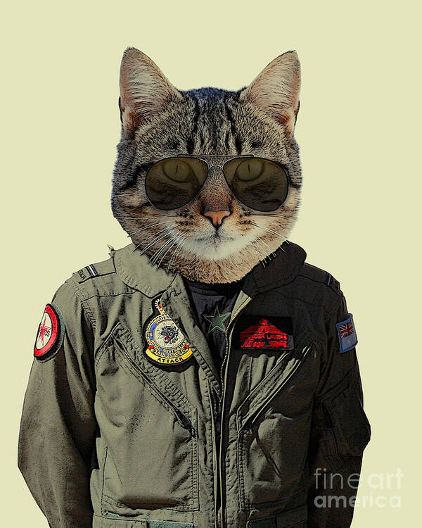 Cat Art Print featuring the mixed media Fighter pilot cat by Madame Memento