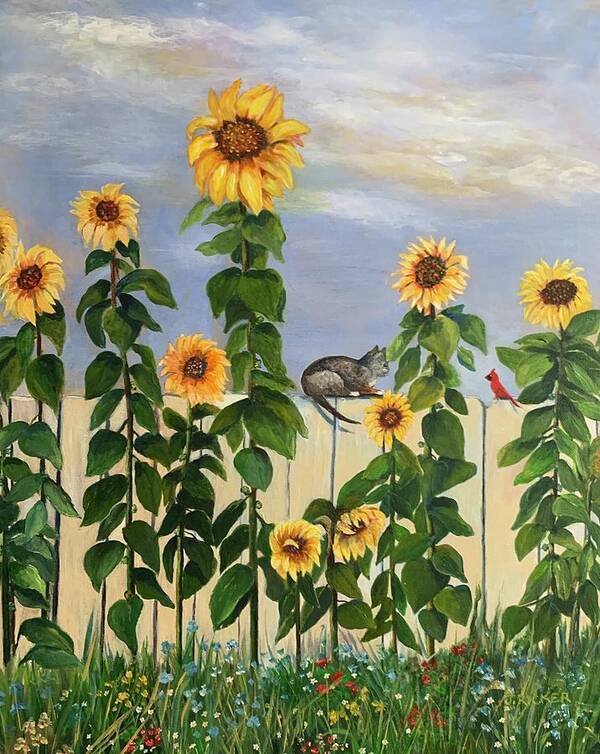 Sunflowers Art Print featuring the painting Flowers and Friends by Jane Ricker