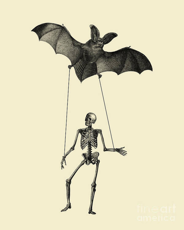 Skeleton Art Print featuring the digital art Flying bat with skeleton on a string by Madame Memento