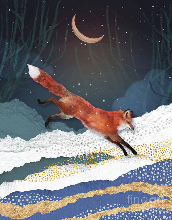 Fox And Moon Art Print featuring the painting Fox And Moon by Garden Of Delights