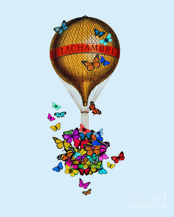French Art Print featuring the digital art French hot air balloon with rainbow butterflies basket by Madame Memento