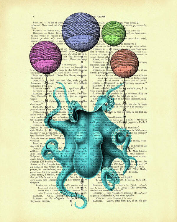 Octopus Art Print featuring the mixed media Funny Blue Octopus by Madame Memento