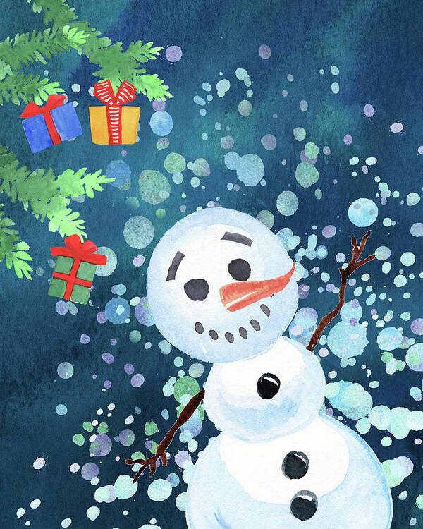 Snowman Art Print featuring the painting Gifts On Christmas Tree Snowman Smiling Watercolor by Irina Sztukowski