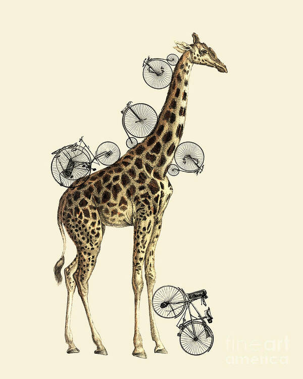 Giraffe Art Print featuring the digital art Giraffe and bicycles by Madame Memento