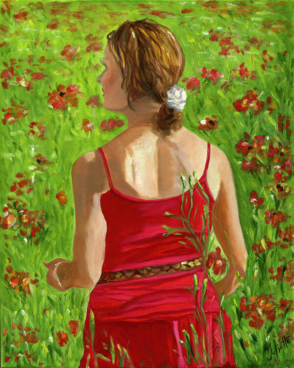 Woman Art Print featuring the painting Girl in Poppy Field by Juliette Becker