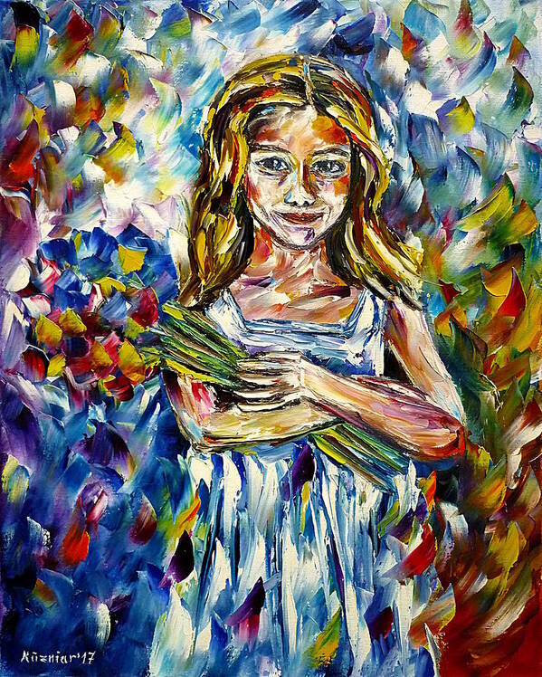 Young Girl Art Print featuring the painting Girl With Flowers by Mirek Kuzniar