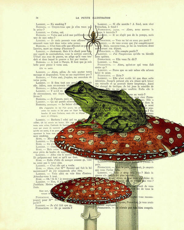 Frog Art Print featuring the digital art Green frog on toadstool antique french book page art by Madame Memento