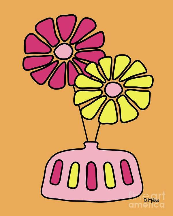 Groovy Art Print featuring the digital art Groovy Pink and Yellow Flowers on Melon by Donna Mibus