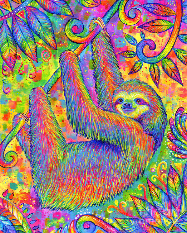 Sloth Art Print featuring the painting Hanging Around - Psychedelic Sloth by Rebecca Wang