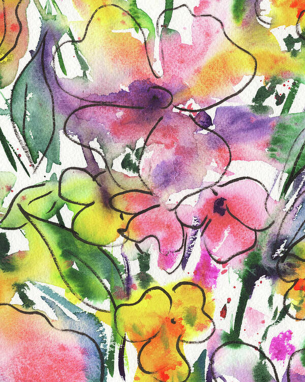 Abstract Flowers Art Print featuring the painting Happy Garden Flowers In Pink And Yellow Watercolor II by Irina Sztukowski