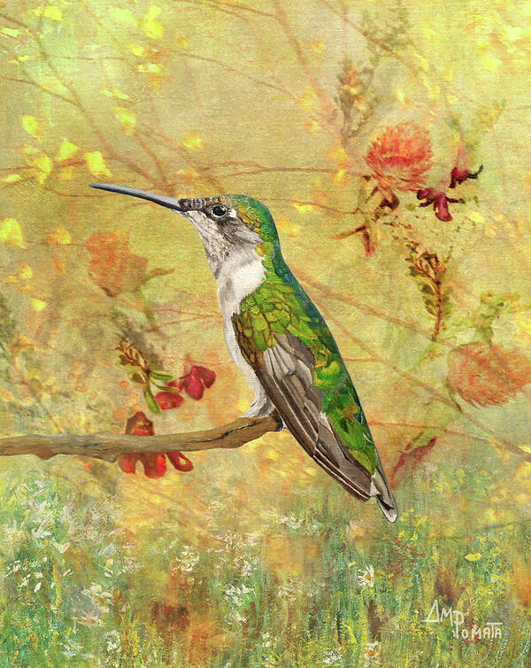 Hummingbird Art Print featuring the painting Heart Of The Forest by Angeles M Pomata