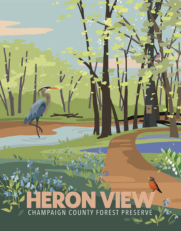 Heron Art Print featuring the digital art Heron View Forest Preserve by Champaign County Forest Preserve District