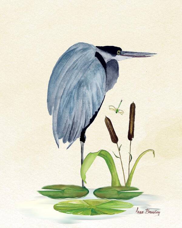 Blue Heron Art Print featuring the painting Heron Waiting by Anne Beverley-Stamps