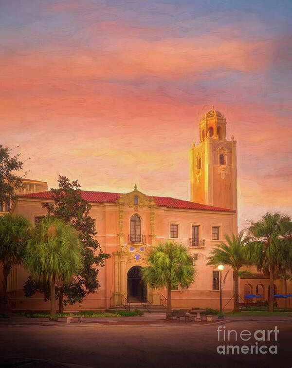 Anna Maria Island Art Print featuring the photograph Historic Courthouse in Sarasota, Florida, Impressionism by Liesl Walsh
