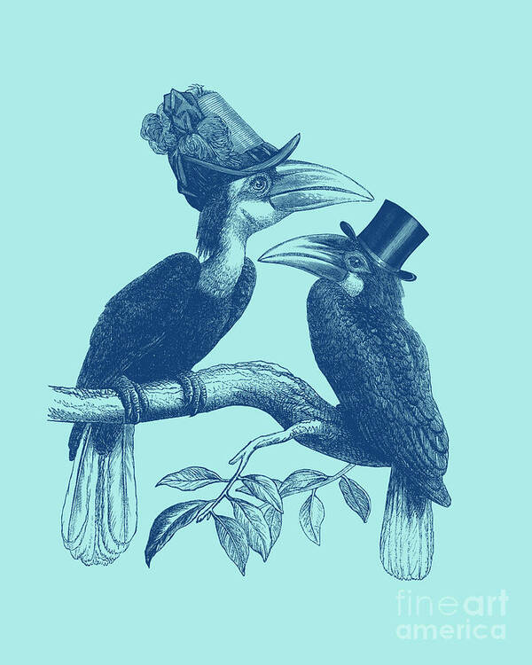 Hornbill Art Print featuring the digital art Hornbill couple in blue by Madame Memento