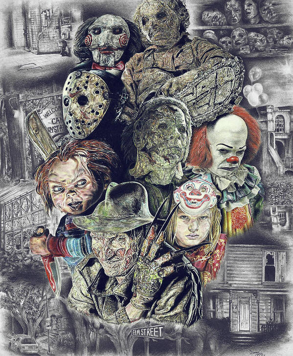 Fear Art Print featuring the drawing Horror Movie Murderers by Daniel Ayala