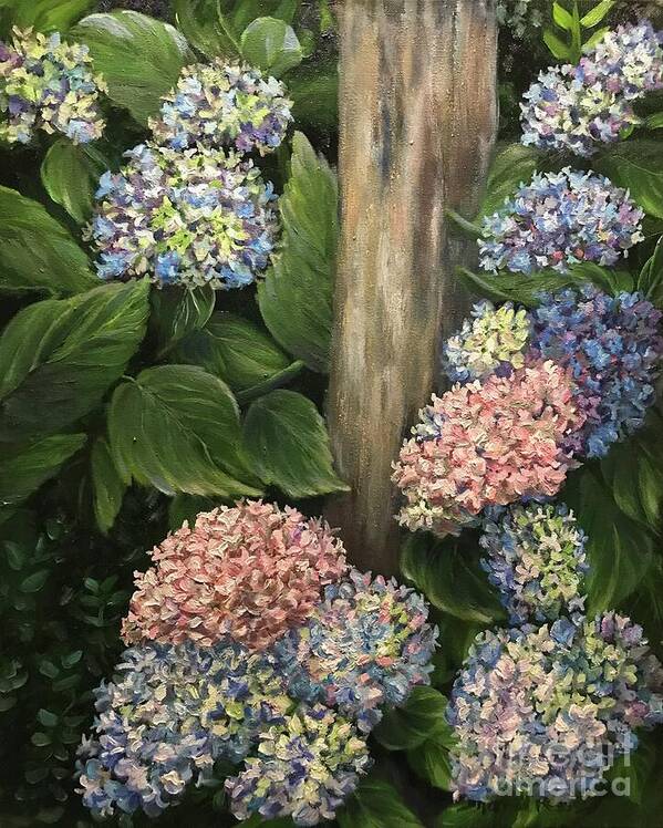Paintings Art Print featuring the painting Hydrangeas and Post by Sherrell Rodgers