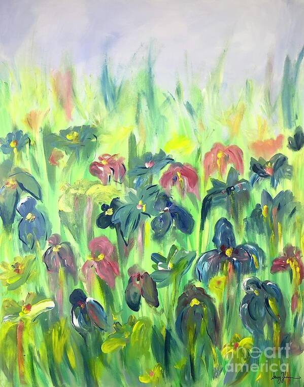 Irises Art Print featuring the painting Irises in the Rain by Stacey Zimmerman