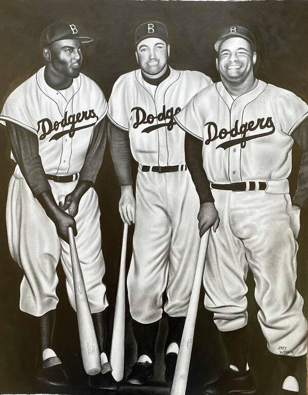 Jackie Robinson Art Print featuring the drawing Jackie, Duke and Campy by Jerry Winick