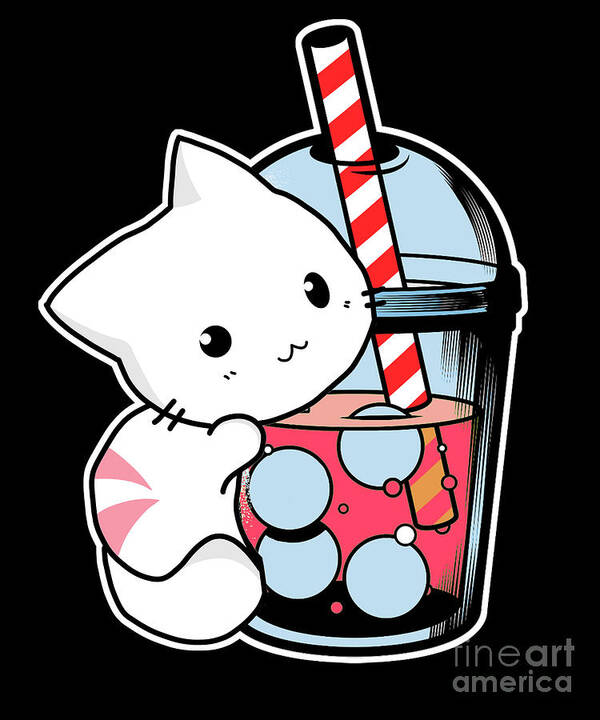Kawaii Boba Cute Anime Cat Drinking Tea Kawaii Art Print by ...