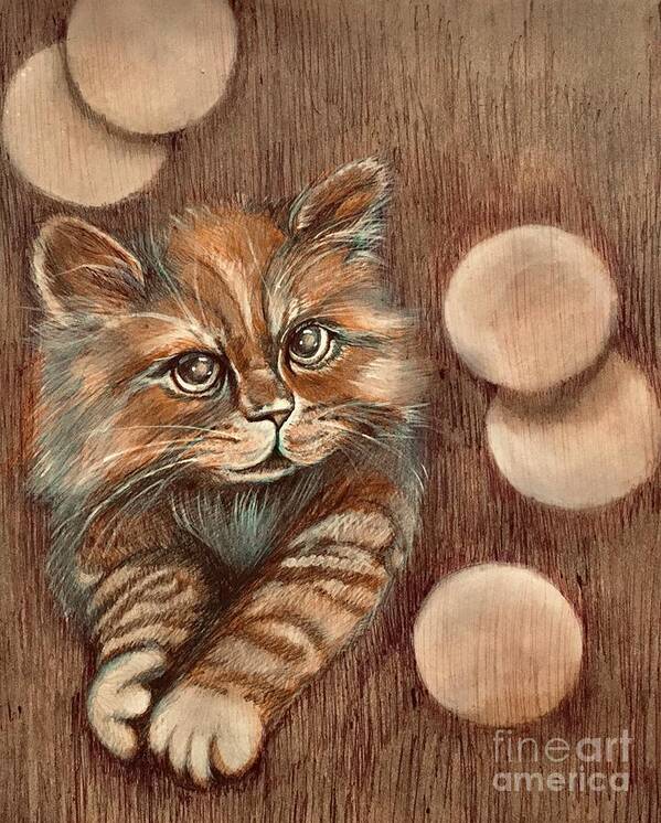 Bubbles Art Print featuring the drawing Kitten and bubbles by Lana Sylber
