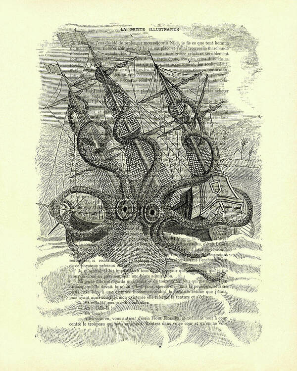 Kraken Art Print featuring the mixed media Kraken on antique french book page by Madame Memento