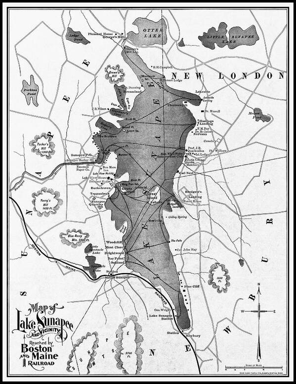 Lake Sunapee Art Print featuring the photograph Lake Sunapee and Vicinity Vintage Map 1899 Black and White by Carol Japp