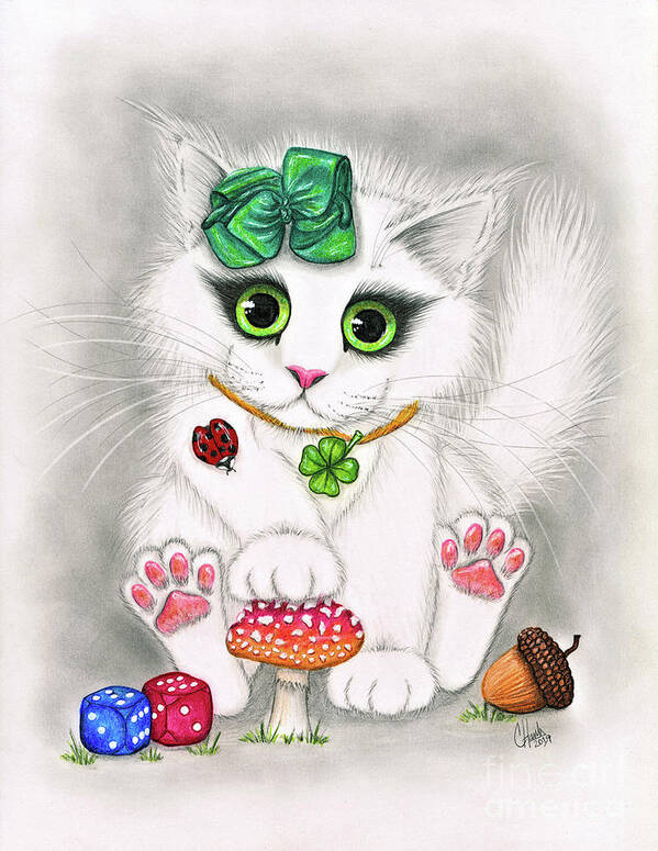 Cute Kitten Art Print featuring the painting Lucky Cat - White Kitten Good Luck Charms by Carrie Hawks