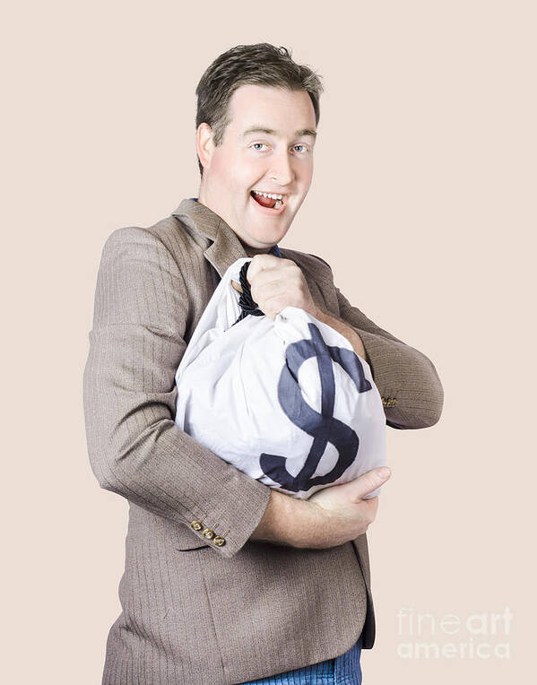 Money Art Print featuring the photograph Man holding large sum of money in bank deposit bag by Jorgo Photography