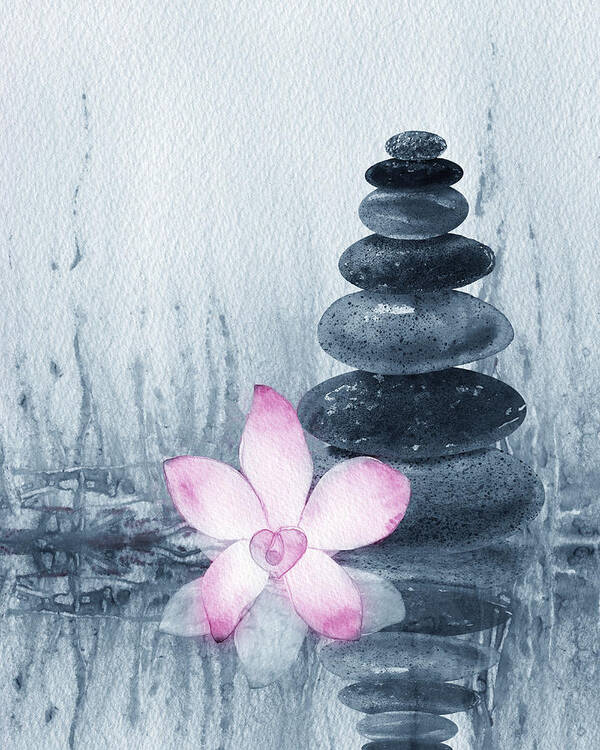 Cairn Art Print featuring the painting Meditative Calm And Peaceful Relaxing Zen Rocks Cairn Spa Collection With Flower Watercolor I by Irina Sztukowski